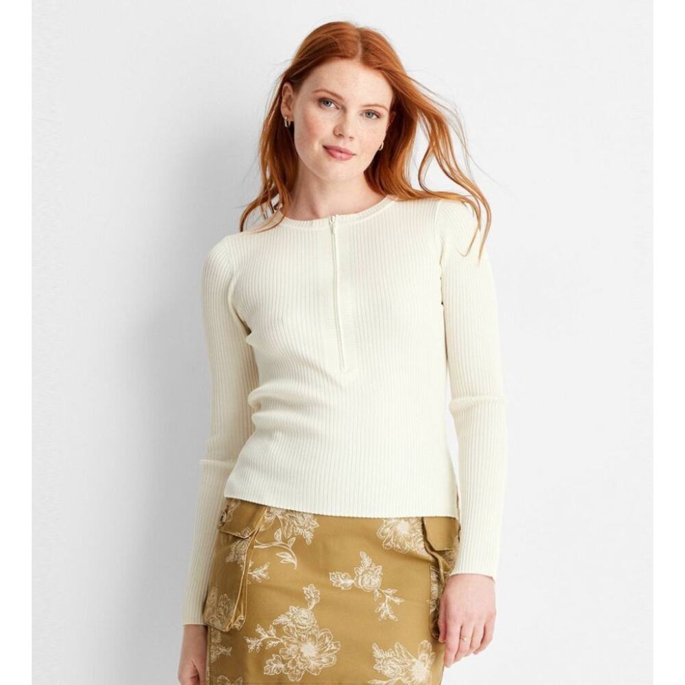 NWT Women's Crewneck Zip-Front Sweater - Future Collective Cream Size Large‎